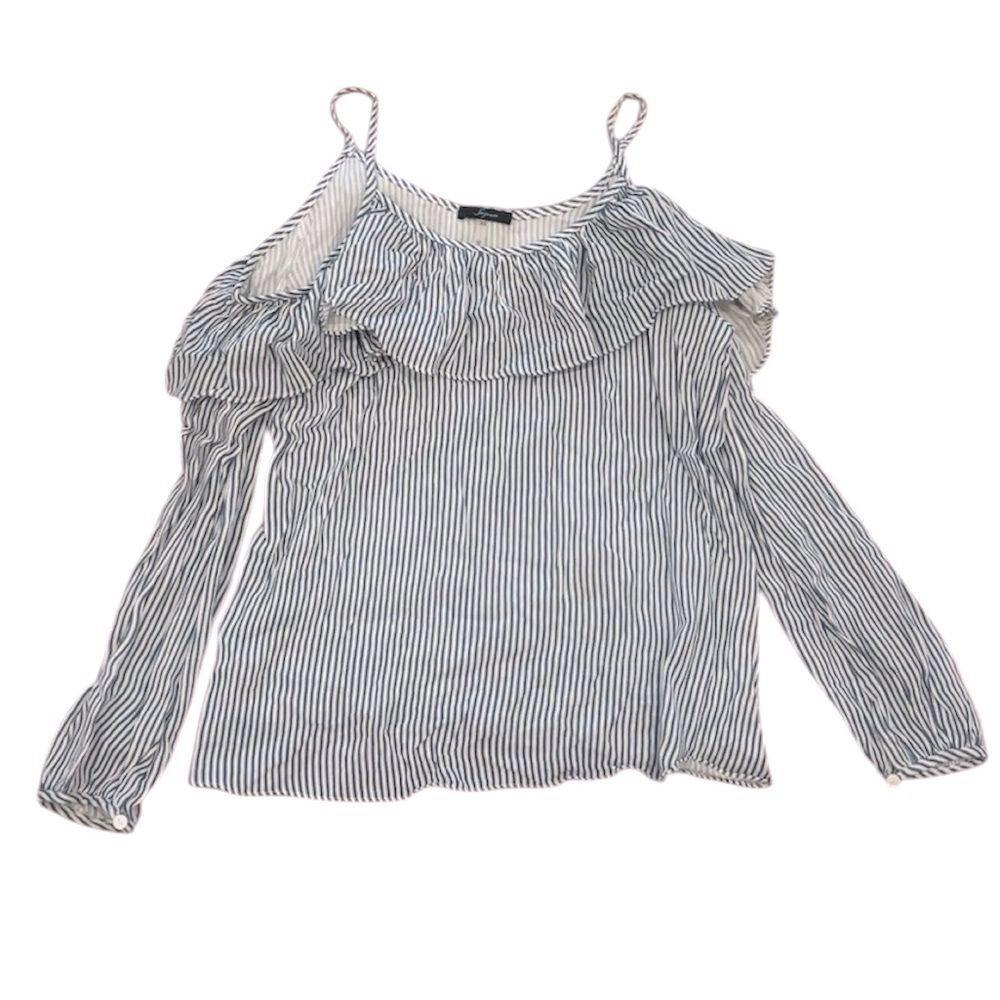Soprano Thin Blue and White Stripe Cold Shoulder Ruffle Top